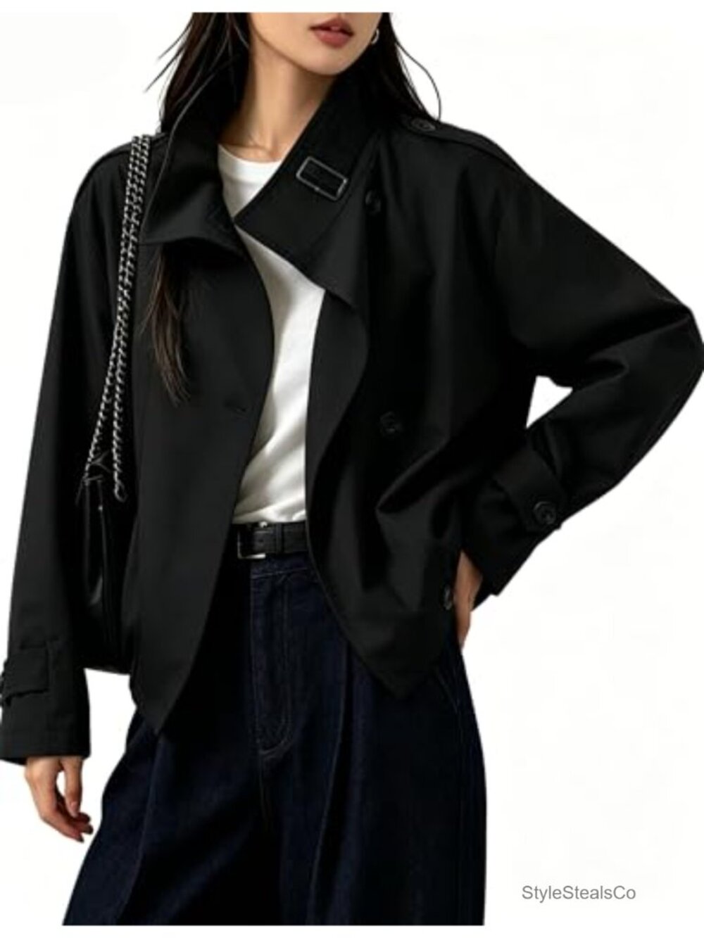 Women's Funnel Neck Trench Coat Cropped Jacket Fall Outerwear